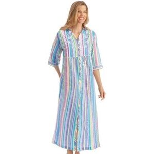 Collections Etc Pastel Striped Lounger with Full Zip Front and 3/4" Long Sleeves